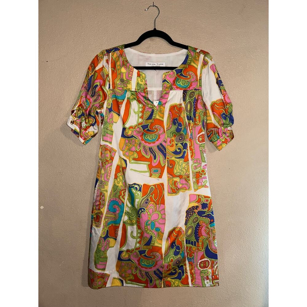 Trina Turk Artsy Whimsical Festival Cotton Silk Blend Short Sleeves Pocket Dress